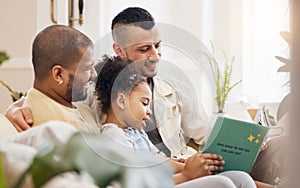 Gay couple, child and book on sofa with smile, bonding and love in storytelling in living room together. Happiness, lgbt