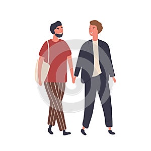 Gay couple flat vector illustration. Homosexual male pair, young boys in love. Unconventional relationship, tenderness