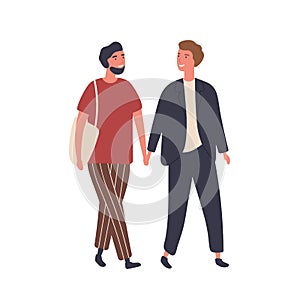 Gay couple flat vector illustration. Homosexual male pair, young boys in love. Unconventional relationship, tenderness photo