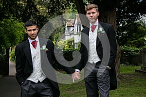 Gay couple of grooms pose for photographs after their wedding ceremony