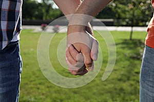 Gay couple holding hands together in park on sunny day, closeup