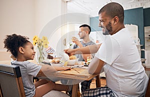 Gay couple, home breakfast and family child smile for morning food, wellness and parents pour milk. LGBTQ, adoption and