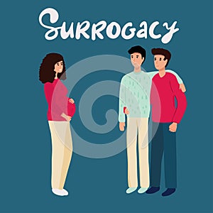 Gay Couple with Surrogate Pregnant woman. Two dads. Vector illustration flat cartoon style with hand drawn lettering