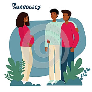 Gay Couple with Surrogate Pregnant woman. Two dads. Vector illustration flat cartoon style with hand drawn lettering