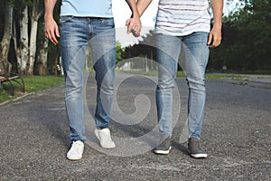 Gay couple walking in park on sunny day, closeup