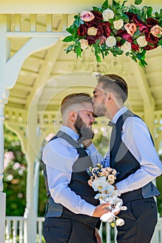 Gay couple wedding. Homosexuality, same-sex marriage and men love concept. Gays kissing. Gay marriage, closeup male kiss