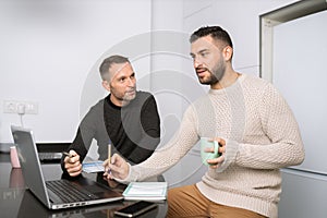 Gay couple working together at home with their laptops.