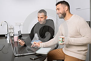 Gay couple working together at home with their laptops.