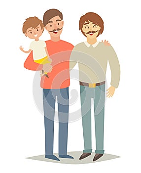 Gay family with adopted child. Two fathers and son, parents couple. Family lifestyle photo