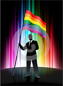 Gay Flag with Businessman on Abstract Spectrum Background