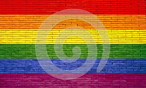 Gay flag painted on a brick wall. 3d illustration