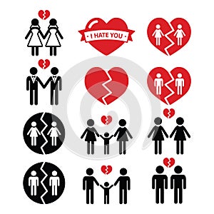 Gay or lesbian Couple breakup, divorce icons set