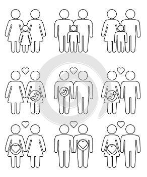 Gay, lesbian couples and family with children icons set