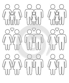 Gay, lesbian couples and family with children icons set