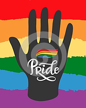 Gay, Lesbian pride poster with rainbow flag in hand. LGBT rights concept.