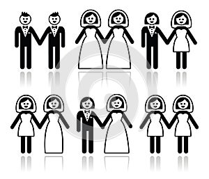 Gay and lesbian wedding - groom and bride icons set