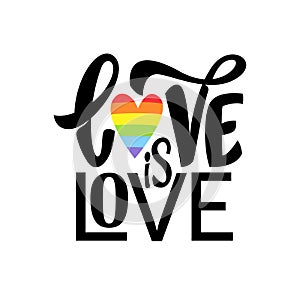 Gay Lettering. Conceptual poster with LGBT rainbow hand lettering. Colorful glitter handwritten phrase Love is Love