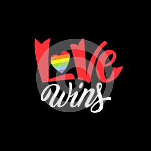 Gay Lettering. Conceptual poster with LGBT rainbow hand lettering. Colorful glitter handwritten phrase Love Wins