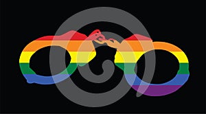 Gay LGBT flag over handcuffs vector silhouette illustration isolated on background.
