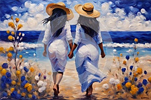 gay loving couple walking by hand in the beach, romantic open mixed race illustration