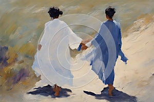 gay loving couple walking by hand in the beach, romantic open mixed race illustration