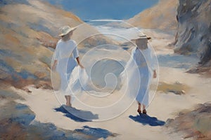 gay loving couple walking by hand in the beach, romantic open mixed race illustration