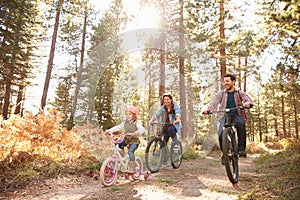 Gay Male Couple With Daughter Cycling Through Fall Woodland