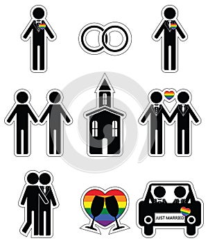Gay man 2 wedding icon set in black and white with rainbow element