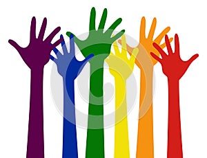 Gay pride hands .Colorful hands together photo