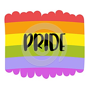 Gay Pride lettering on a rainbow flag, homosexuality emblem isolated on white. LGBT rights concept.