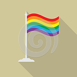 Gay pride LGBT wave flag with flagpole flat icon with long shadow. Vector illustration EPS10 of a rainbow pride flag.