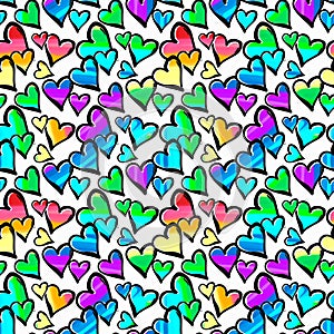 Gay pride rainbow colored hearts seamless pattern.