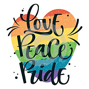Gay Pride text Love Peace Pride on colorful gay rainbow heart background
