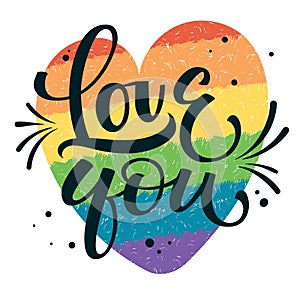 Gay Pride text Love you with splashes and dots decor on colorful gay rainbow heart background