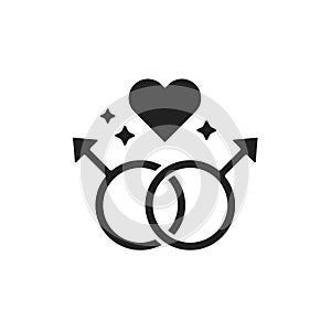 Gay relationship black glyph icon. Homosexual orientation concept. Rainbow free love. LGBT motion, gender symbol. Human rights and