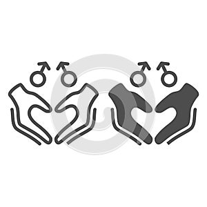 Gay signs with hands in heart shape line and solid icon, LGBT couple concept, Homosexual love sign on white background