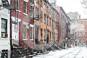 Gay Street in the Greenwich Village neighborhood of New York City is covered with snow after a winter snowstorm