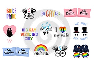 Gay Wedding photo booth props. Homosexual marriage. Stickers set. Vector