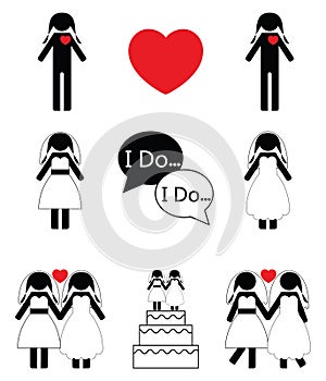 Gay woman wedding icons set