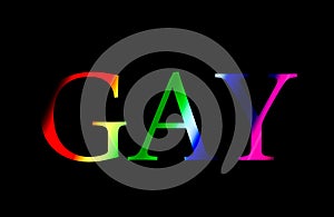 Gay word in rainbow colours isolated on black background. Homosexuality concept