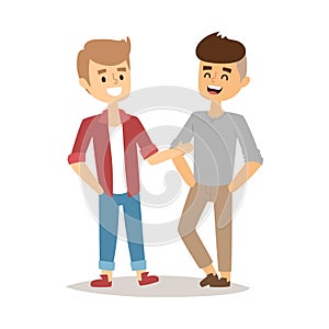 Gays happy couple cartoon relationship characters lifestyle vector illustration relaxed friends.