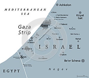 Gaza Strip and surroundings, Palestinian territory, gray political map