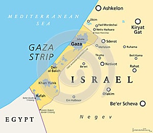 The Gaza Strip and surroundings, a Palestinian territory, political map