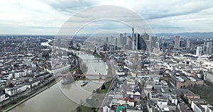 Gaze upon the breathtaking beauty of Frankfurt's skyline with stunning aerial drone footage of the city's