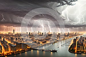 The Marvelous Fury of Cyclonic Clouds Enveloping the City, a Spectacular Natural Phenomenon. AI generated photo