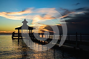 Gazebo bridge sea at sunset