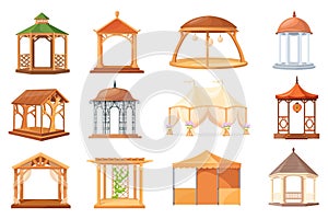 Gazebo. Cartoon pergola for summer house, outdoor stand alcove canopy beach pavilion or garden tent shelter, bower patio