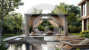 a gazebo with an elegant and sturdy wooden structure, adorned with tan fabric canopies, as seen from the front of a cozy