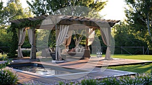 a gazebo with an elegant and sturdy wooden structure, adorned with tan fabric canopies, as seen from the front of a cozy