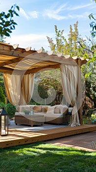 a gazebo with an elegant and sturdy wooden structure, adorned with tan fabric canopies, as seen from the front of a cozy